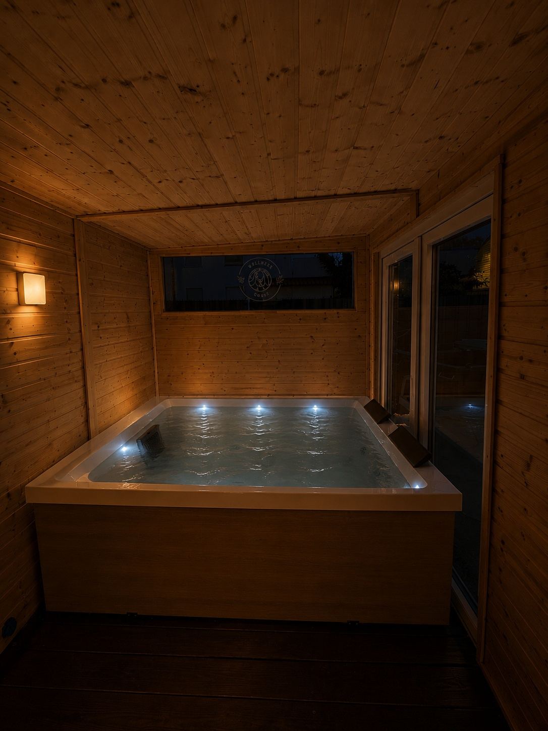 Beleuchteter Whirlpool im Wellness Cube am Abend, Wandleuchte und eingeätzte Wortmarke im Fenster.